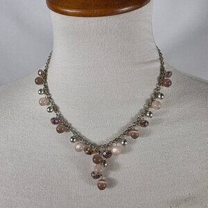 Vintage Silver Tone Pink & Lavender Necklace Fine Chain with Dangling Beads